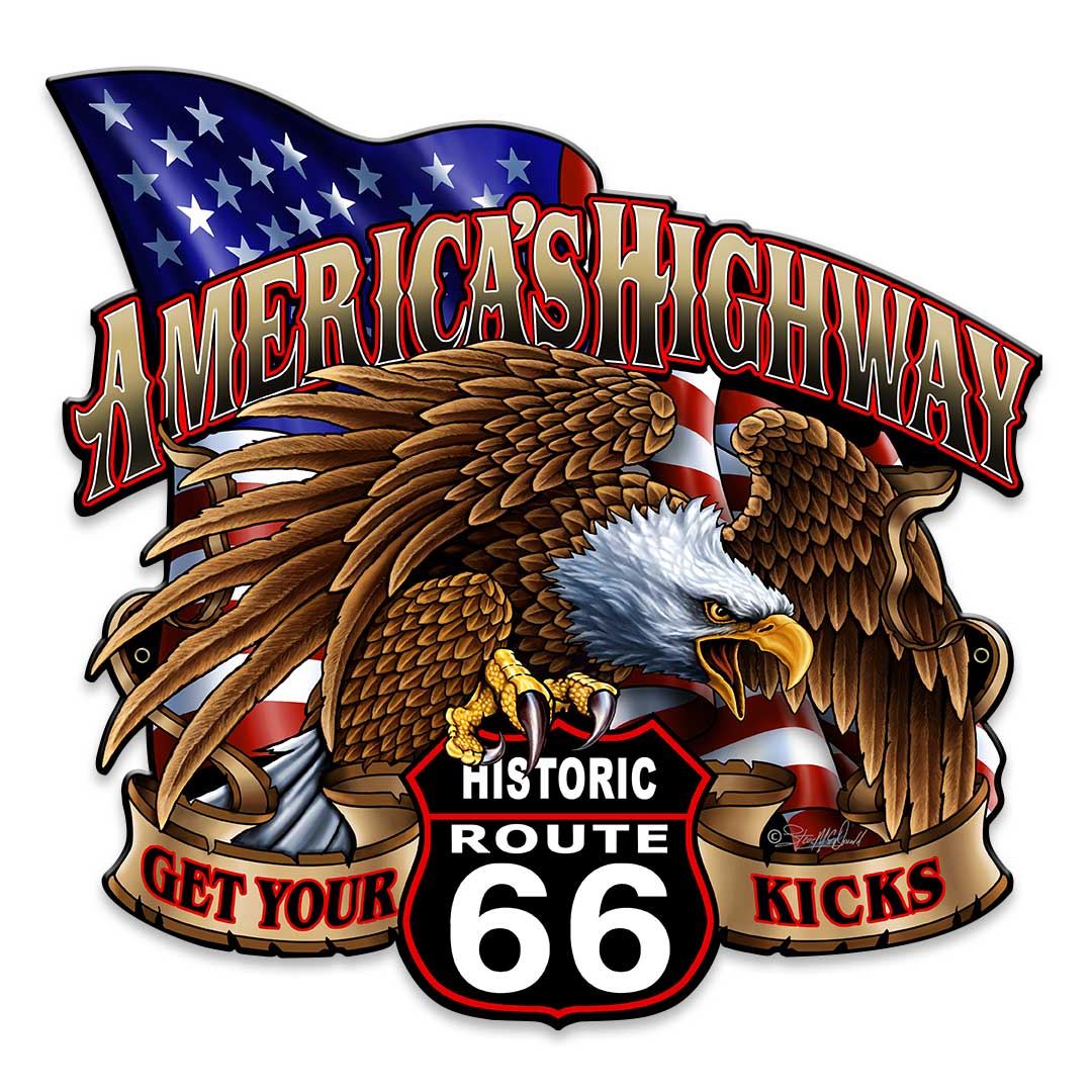 America's Highway Route 66 Vintage Sign, Street Signs, Metal Sign, Wall Art, 14 X 14 Inches