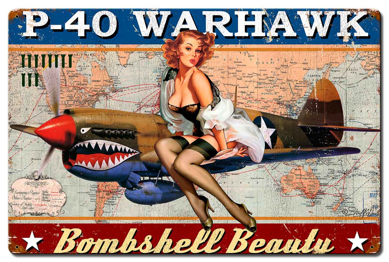 P-40 Warhawk Pinup Vintage Sign, Other, Metal Sign, Wall Art, 24 X 16 Inches