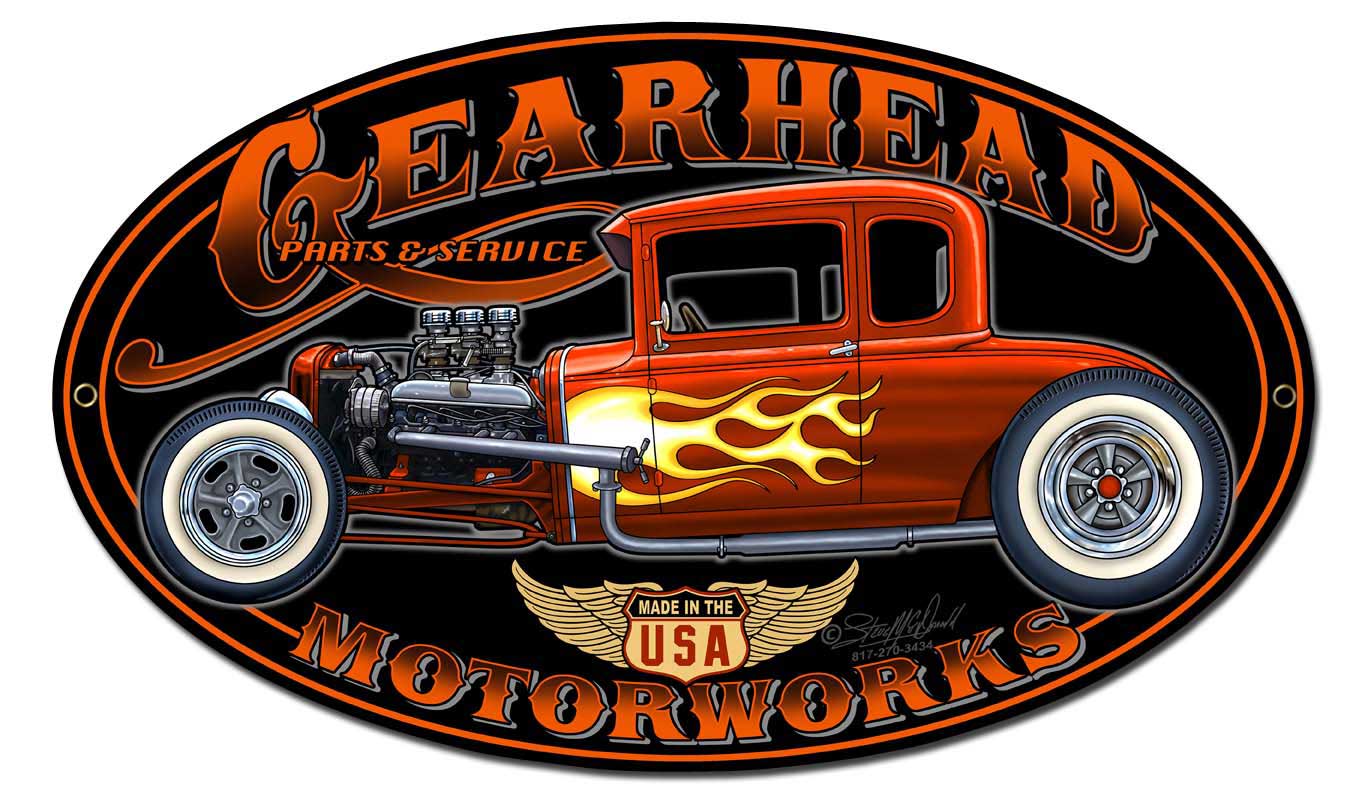 Gearhead Motorworks Vintage Sign, Other, Metal Sign, Wall Art, 18 X 10 Inches