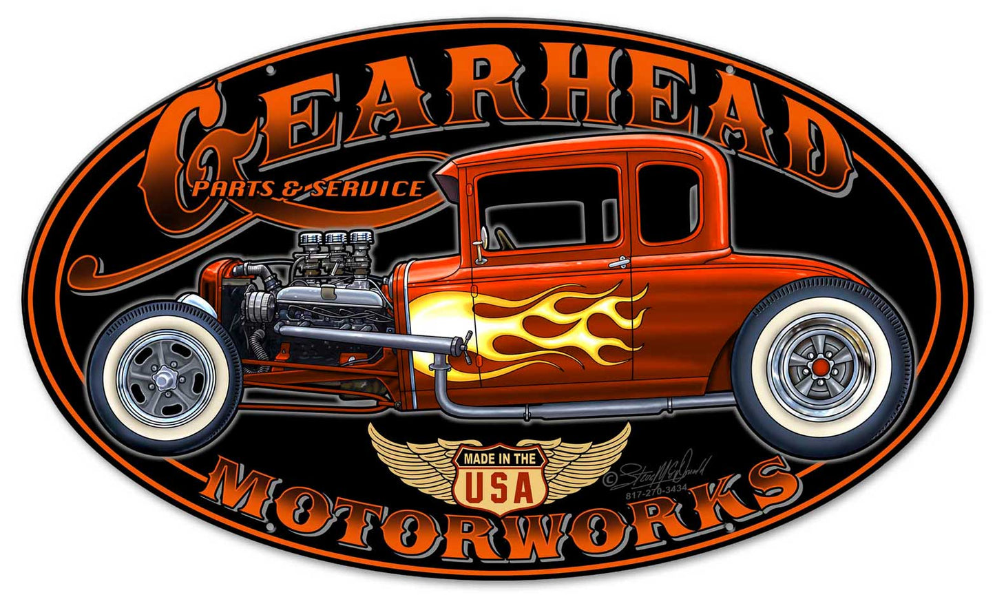 Gearhead Motorworks Vintage Sign, Other, Metal Sign, Wall Art, 24 X 14 Inches