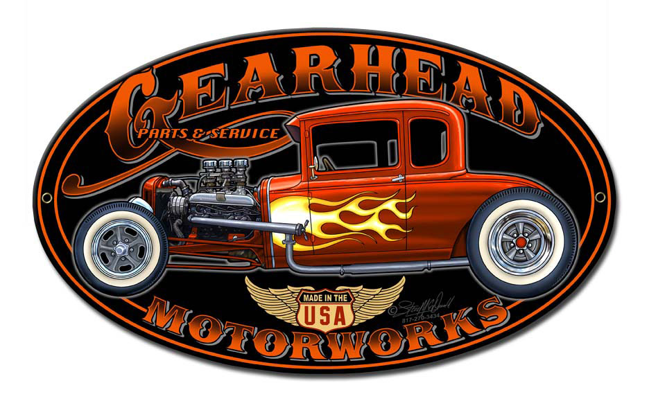 Gearhead Motorworks Vintage Sign, Other, Metal Sign, Wall Art, 12 X 7 Inches