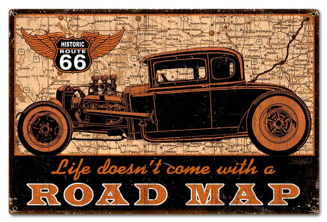 Road Map Vintage Sign, Other, Metal Sign, Wall Art, 24 X 16 Inches