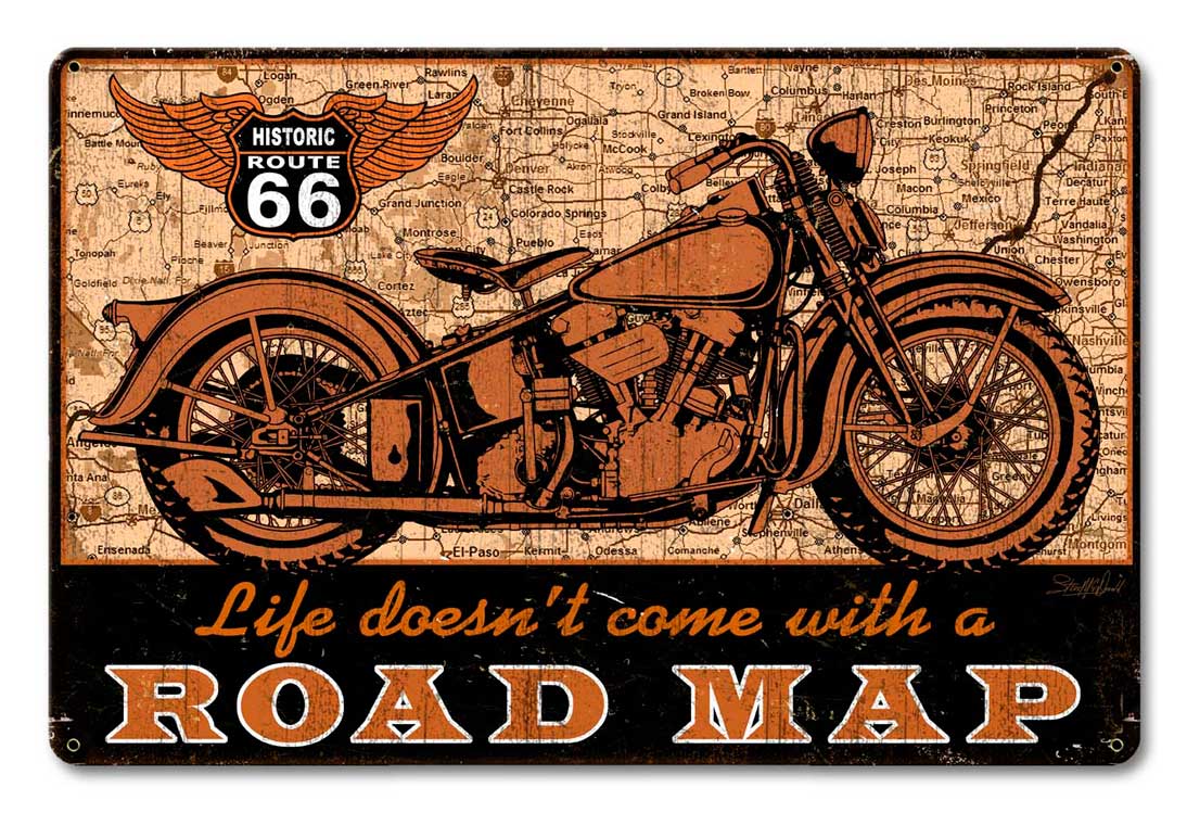 Road Map bike Vintage Sign, Other, Metal Sign, Wall Art, 18 X 12 Inches