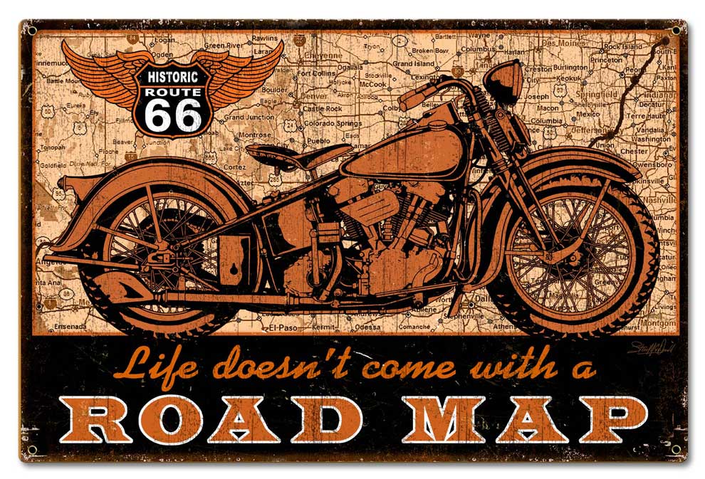 Road Map bike Vintage Sign, Other, Metal Sign, Wall Art, 24 X 16 Inches