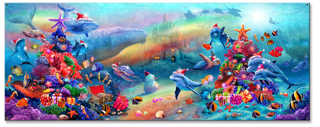 Xmas Marine Fantasy Vintage Sign, Ocean and Beach, Metal Sign, Wall Art, 26 X 10 Inches