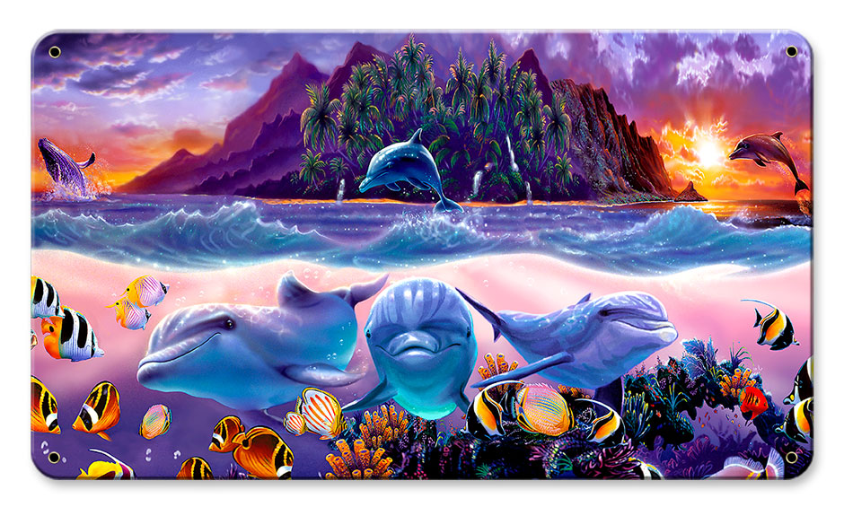 Tropic Dolphins Vintage Sign, Ocean and Beach, Metal Sign, Wall Art, 14 X 8 Inches