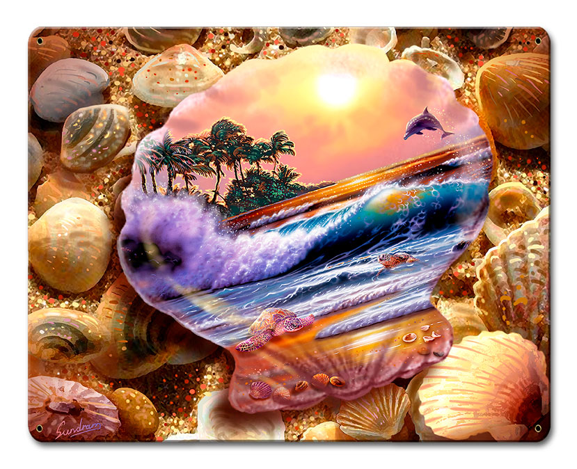 Seashell Fantasy Vintage Sign, Ocean and Beach, Metal Sign, Wall Art, 12 X 15 Inches