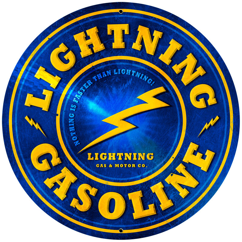 Lightning Gasoline Vintage Sign, Oil & Petro, Metal Sign, Wall Art, 28 X 28 Inches