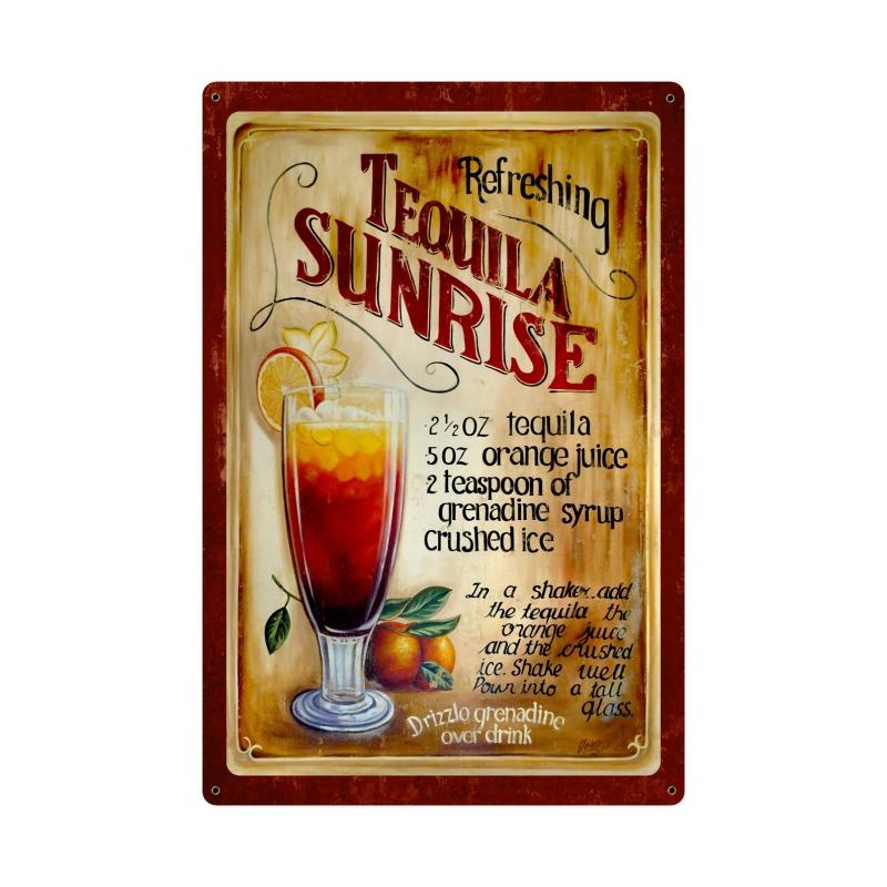 Tequila Sunrise Recipe Vintage Sign, Humor, Metal Sign, Wall Art, 24 X 36 Inches