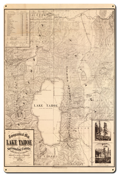 Lake Tahoe Map Vintage Sign, Travel, Metal Sign, Wall Art, 24 X 36 Inches