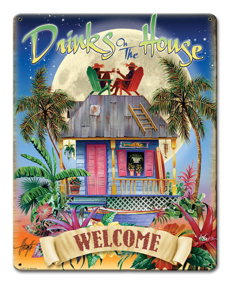 Drinks On The House Vintage Sign, Oil & Petro, Metal Sign, Wall Art, 15 X 12 Inches