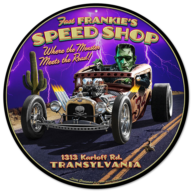 Frankie's Speed Shop Vintage Sign, Automotive, Metal Sign, Wall Art, 14 X 14 Inches