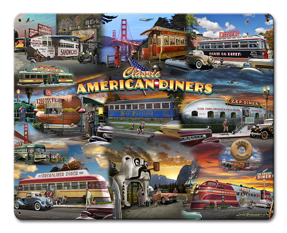 Diner Collage Vintage Sign, Automotive, Metal Sign, Wall Art, 12 X 15 Inches