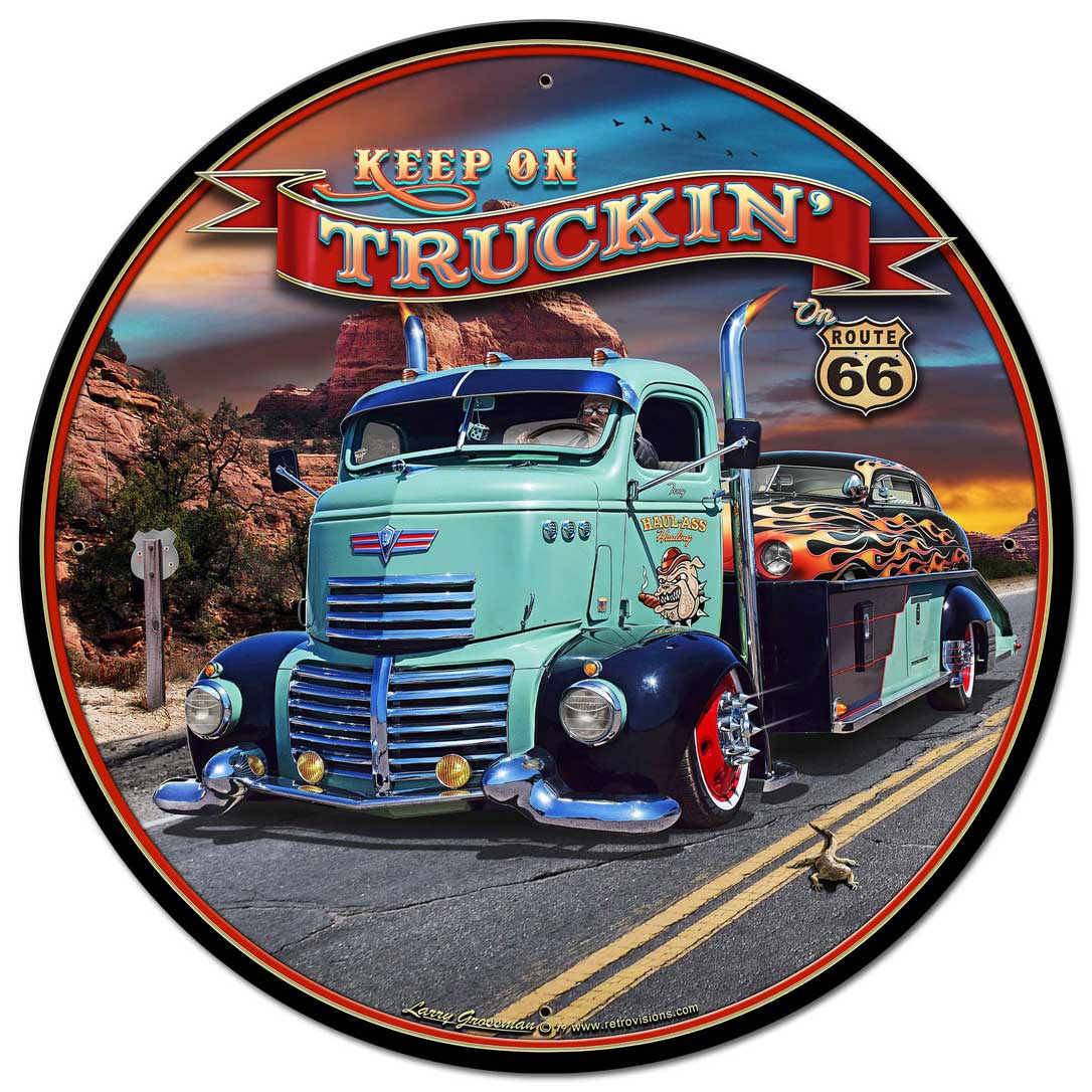 1947 Truckin' Rt 66, Automotive, Metal Sign, Wall Art, 28 X 28 Inches