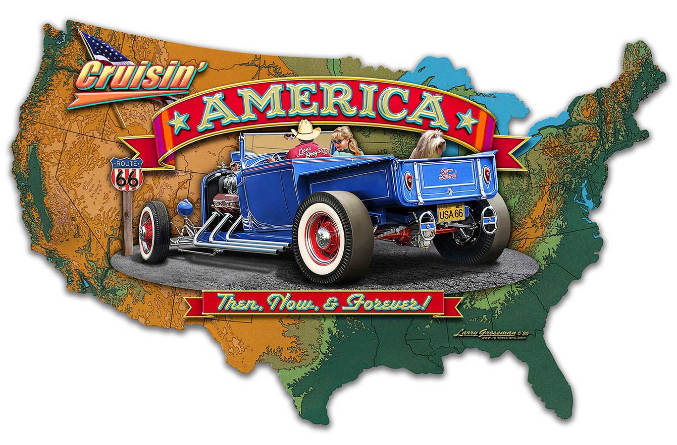 3-D CRUISIN' AMERICA MAP, Automotive, Metal Sign, Wall Art, 25 X 16 Inches