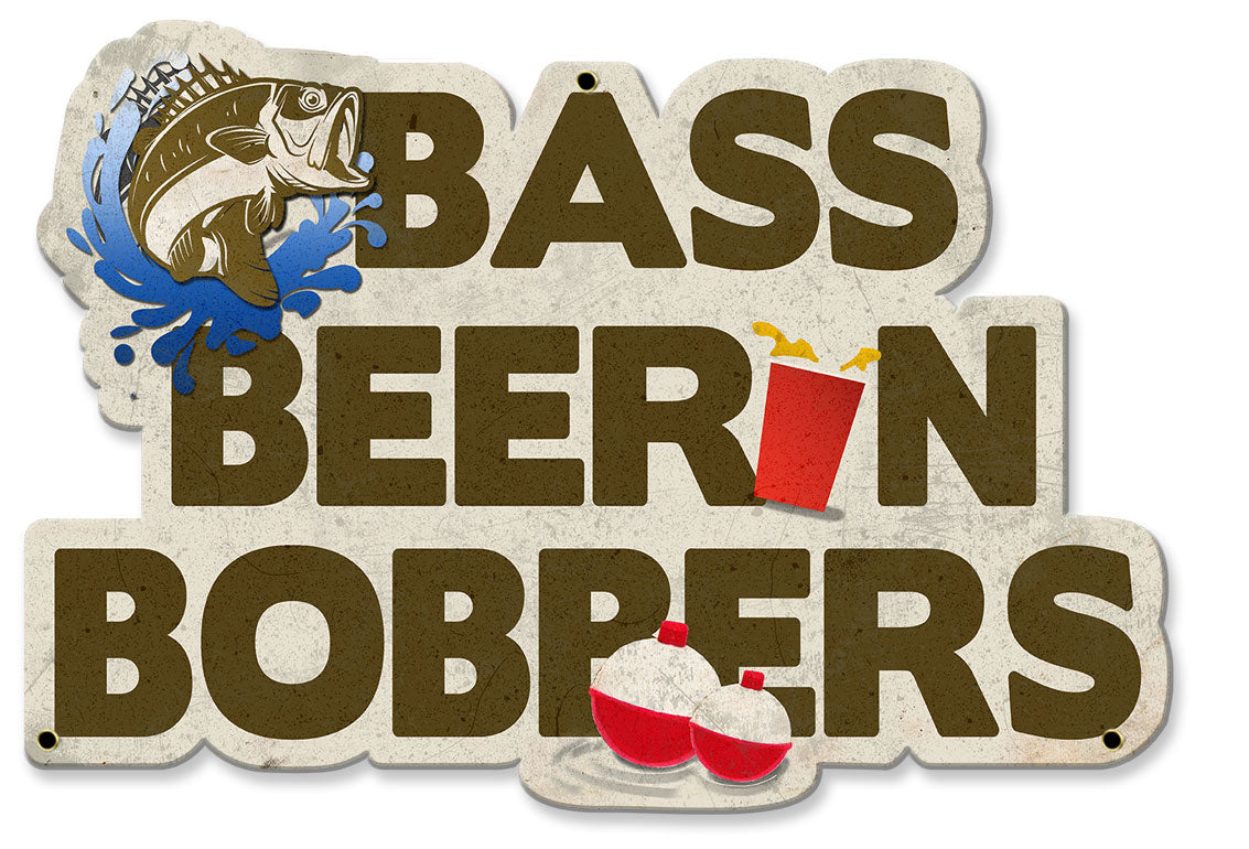 Bass, Beer 'n' Bobbers Vintage Sign, Man Cave, Metal Sign, Wall Art, 19 X 13 Inches