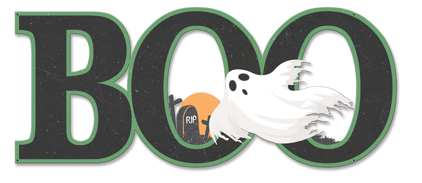 BOO Ghost Large Vintage Sign, Halloween, Metal Sign, Wall Art, 27 X 11 Inches