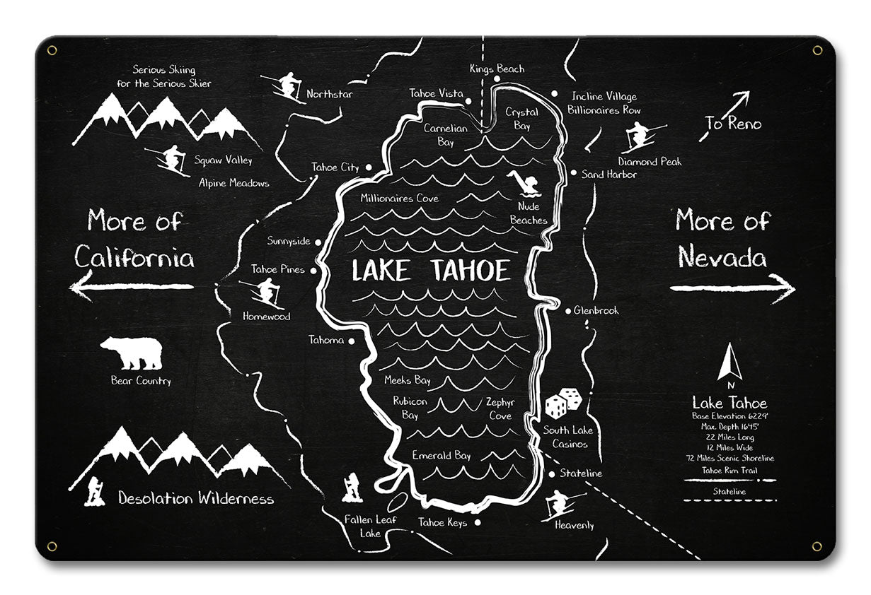 Lake Tahoe Chalk Drawing, Travel, Metal Sign, Wall Art, 18 X 12 Inches