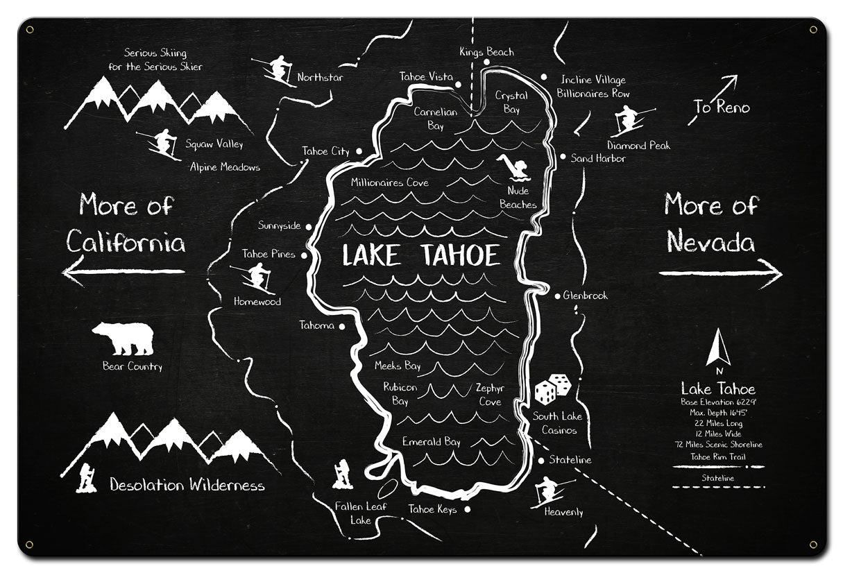 Lake Tahoe Chalk Drawing, Travel, Metal Sign, Wall Art, 36 X 24 Inches