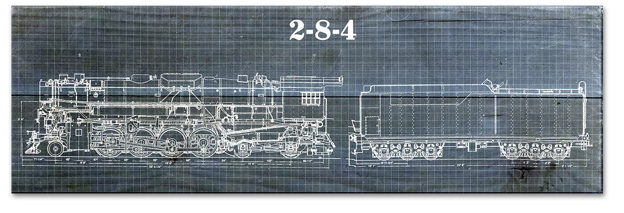 Train Blue Print 2-8-4, Wood Signs, Metal Sign, Wall Art, 22 X 7 Inches