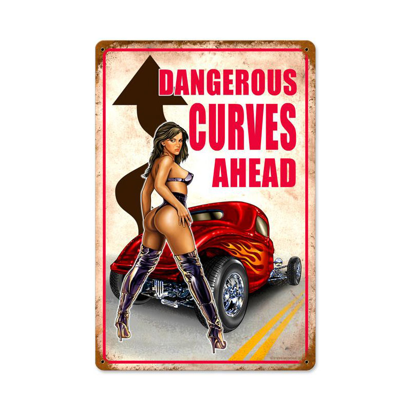 Dangerous Curves Vintage Sign, Other, Metal Sign, Wall Art, 12 X 18 Inches