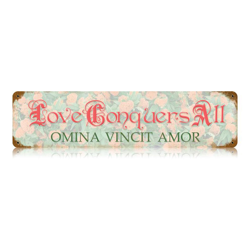 Love Conquers All Vintage Sign, Oil & Petro, Metal Sign, Wall Art, 20 X 5 Inches