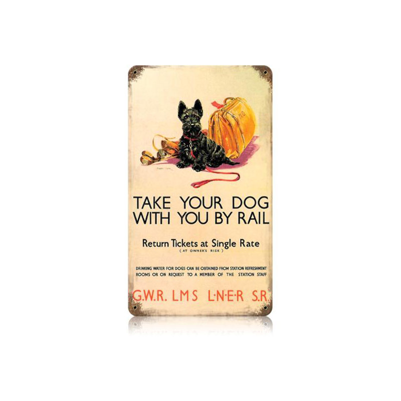 Dog By Rail Vintage Sign, Trains, Metal Sign, Wall Art, 8 X 14 Inches