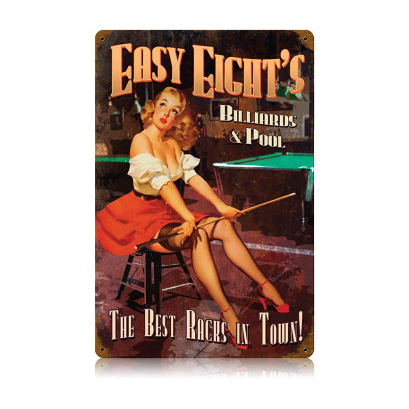 Easy Eights Pool Vintage Sign, Pinup Girls, Metal Sign, Wall Art, 12 X 18 Inches