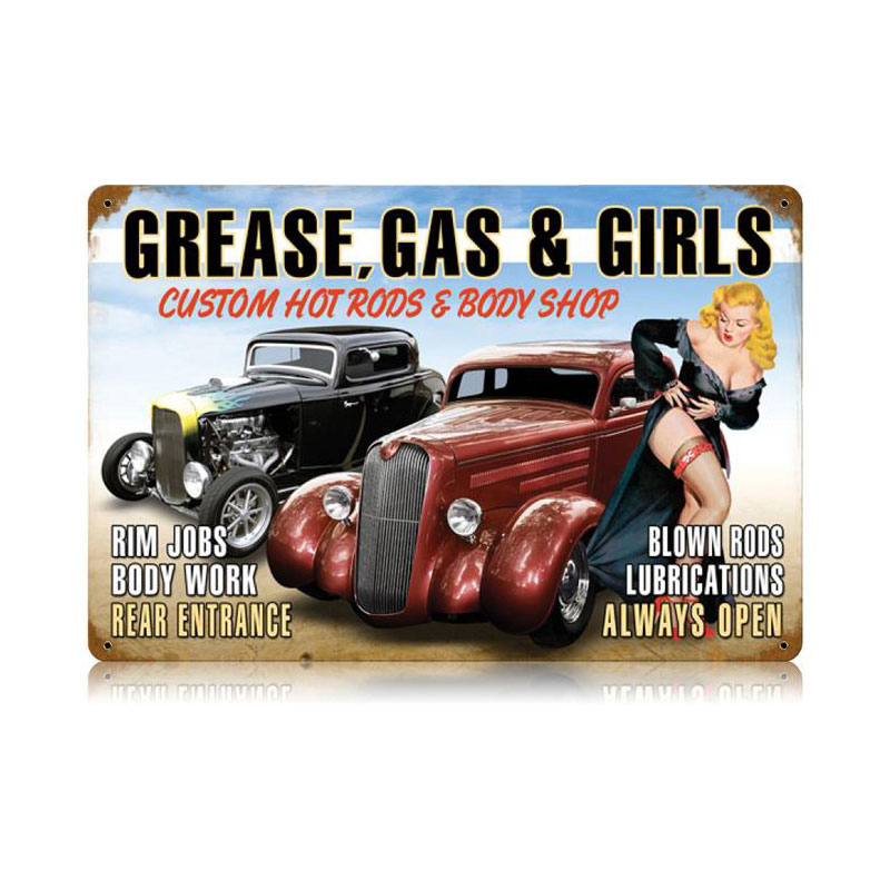 Grease Gas Girls Vintage Sign, Oil & Petro, Metal Sign, Wall Art, 18 X 12 Inches