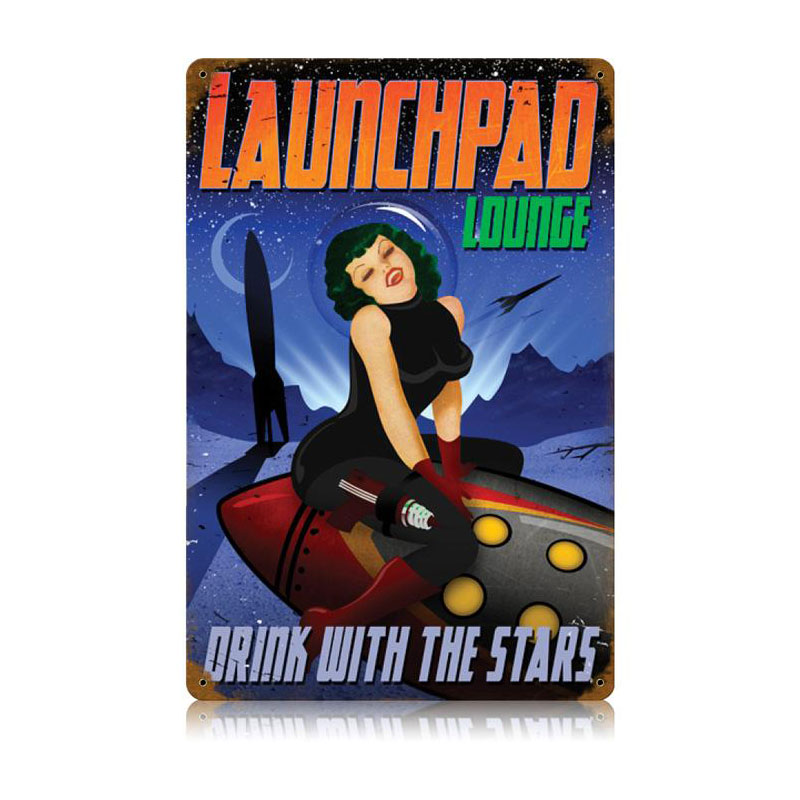 Launchpad Lounge Vintage Sign, Pinup Girls, Metal Sign, Wall Art, 12 X 18 Inches