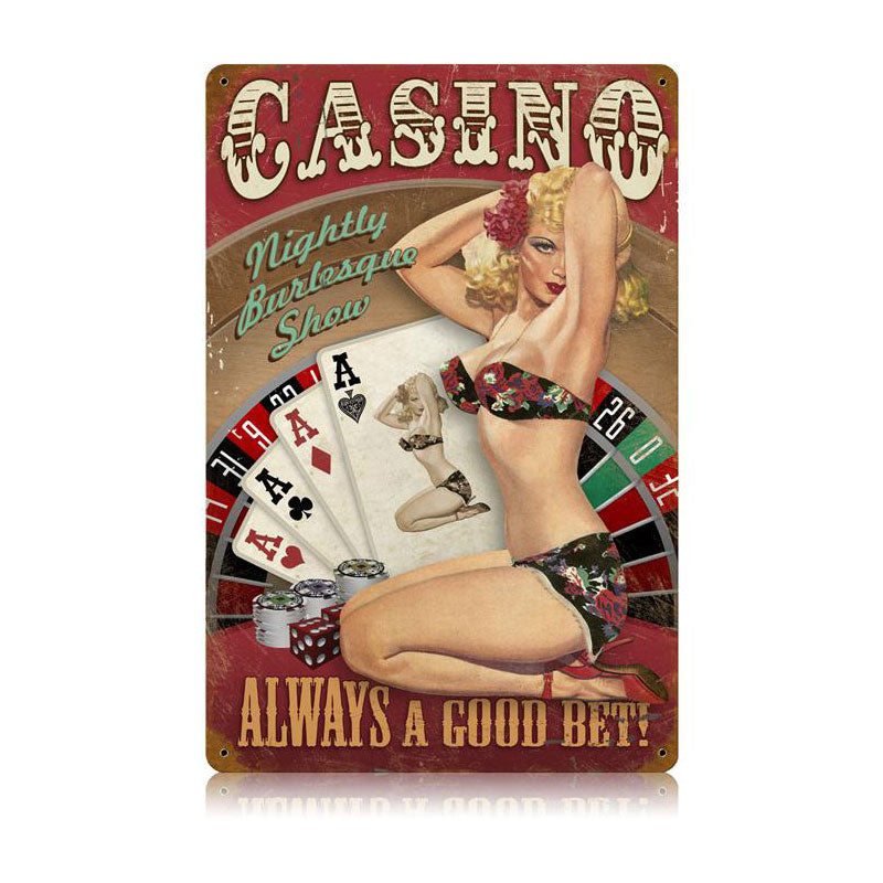 Casino Pinup Vintage Sign, Pinup Girls, Metal Sign, Wall Art, 12 X 18 Inches