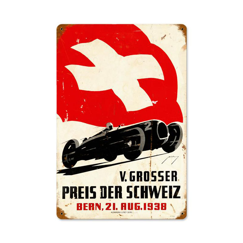 Swiss Race Car Vintage Sign, Automotive, Metal Sign, Wall Art, 12 X 18 Inches