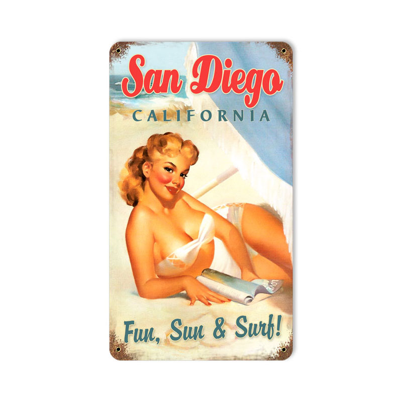 San Diego Pinup Vintage Sign, Pinup Girls, Metal Sign, Wall Art, 8 X 14 Inches