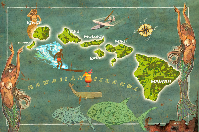 WADE131 - 24 X 16 VINTAGE - HAWAII MERMAID MAP, Automotive, Metal Sign, Wall Art, 24 X 16 Inches