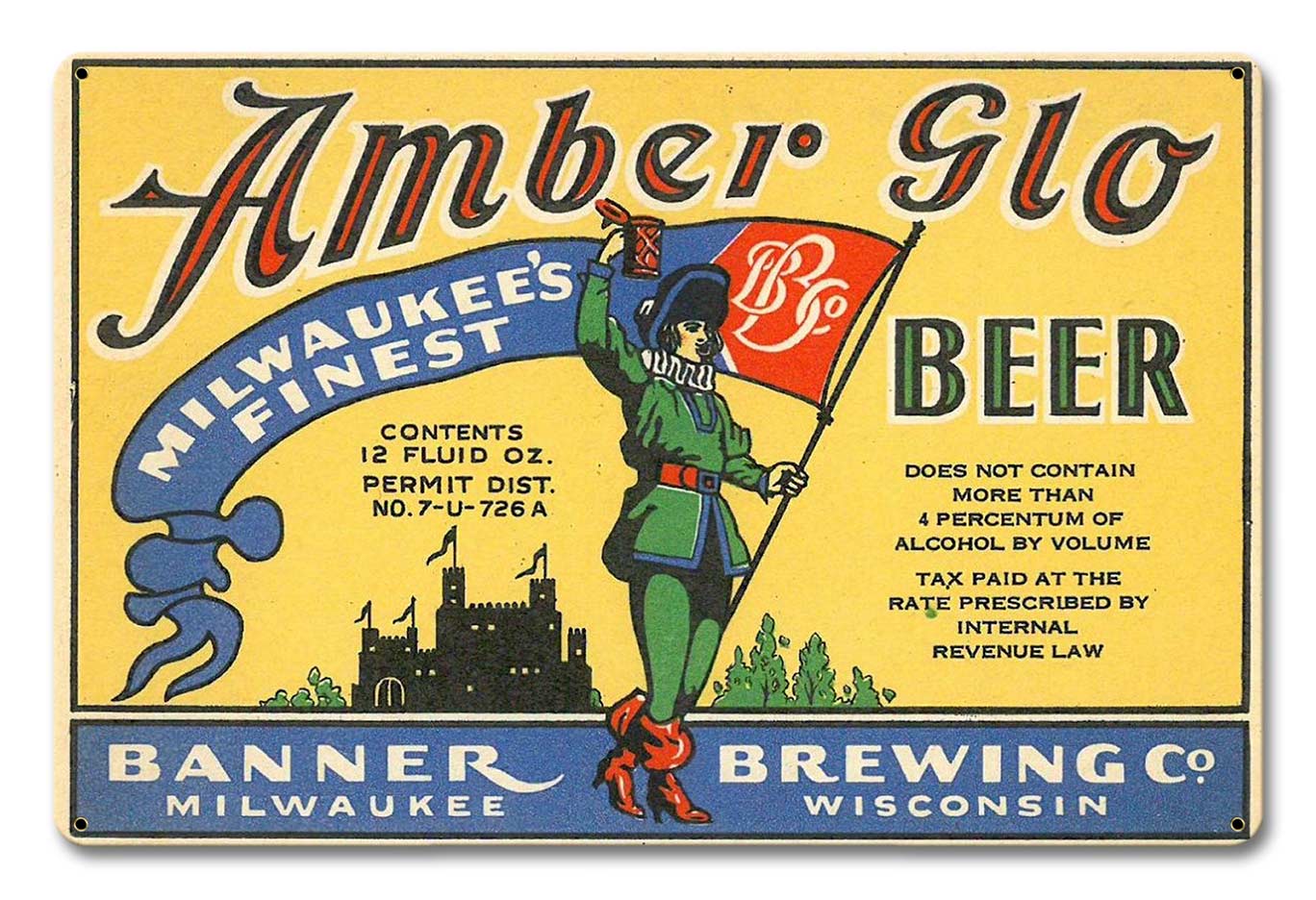 Amber Glo beer, Automotive, Metal Sign, Wall Art, 18 X 12 Inches