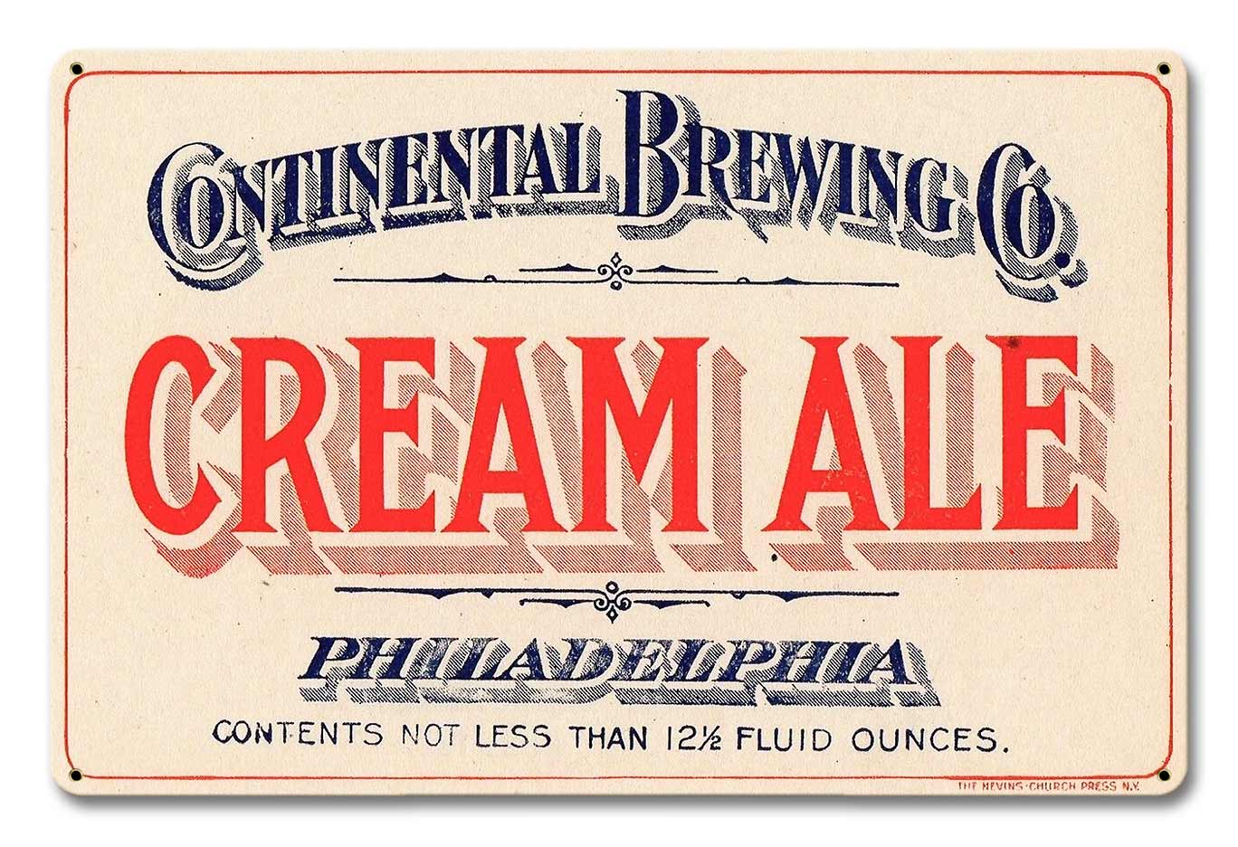 Continental Brewing Co Cream Ale, Automotive, Metal Sign, Wall Art, 18 X 12 Inches