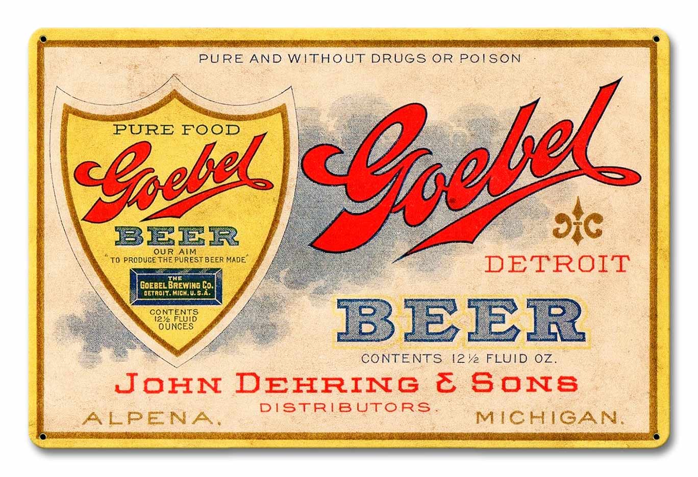 Goebel Beer, Automotive, Metal Sign, Wall Art, 18 X 12 Inches