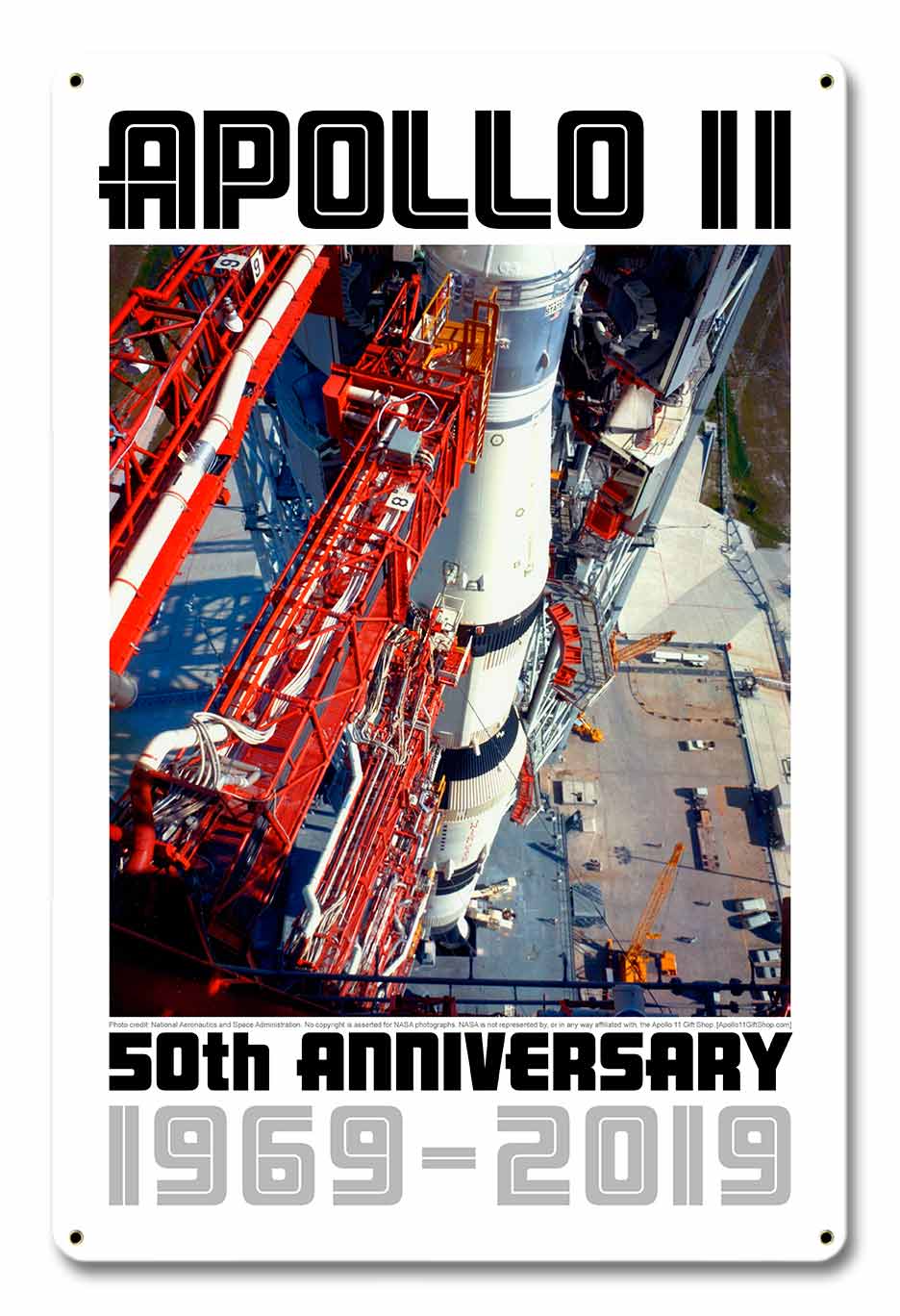 Apollo 11 50th Anniversary Saturn V Launch Tower White Metal Sign Vintage Sign, Aviation, Metal Sign, Wall Art, 12 X 18 Inches