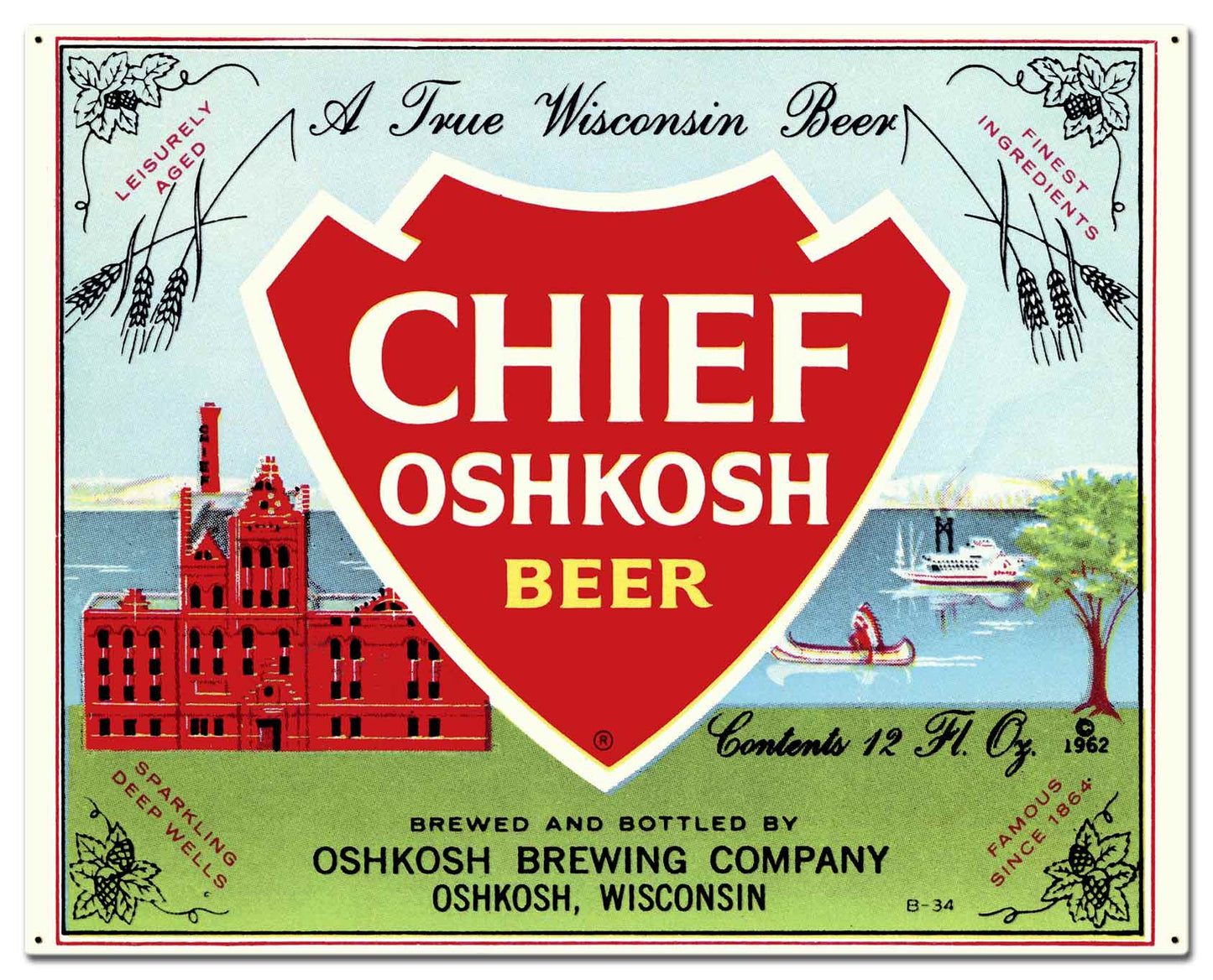 Chief Oshkosh Beer 30 X 24 vintage metal sign