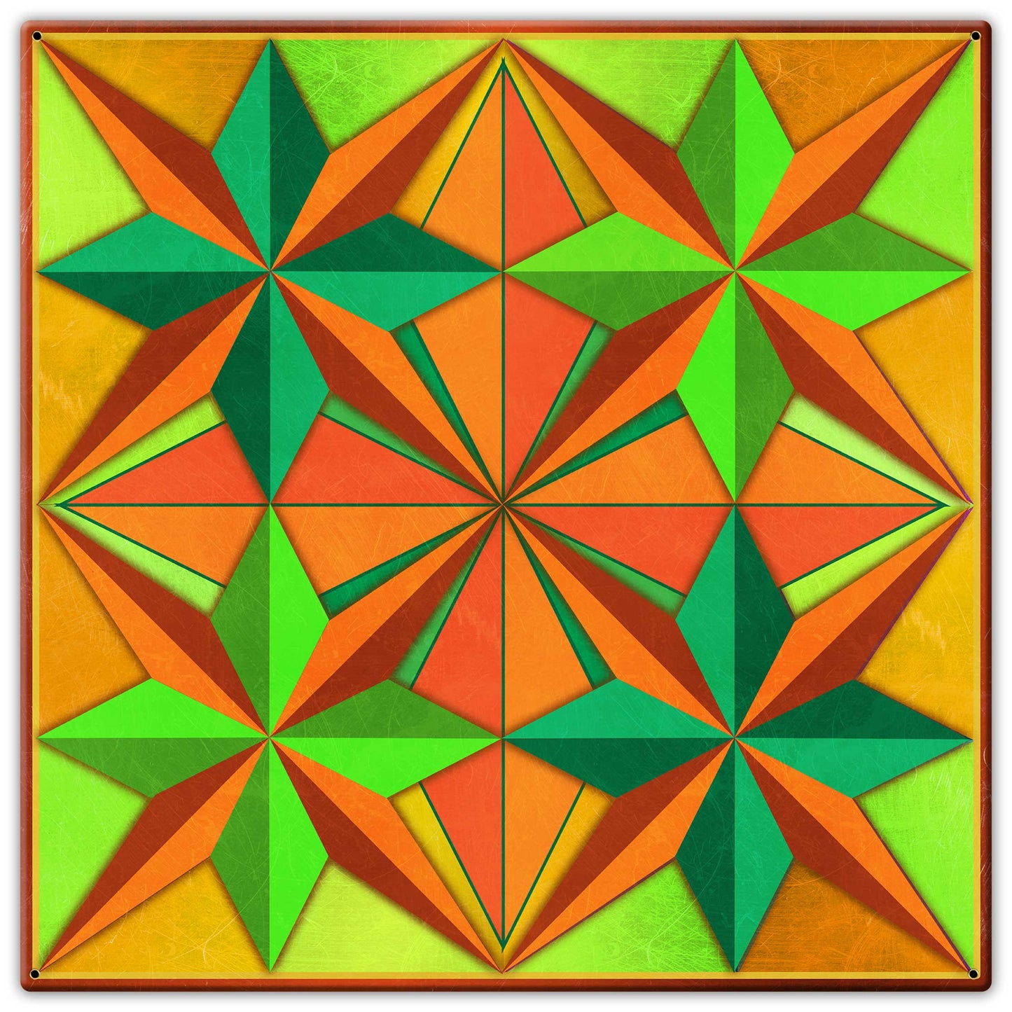 Four Eight Point Stars Blue Orange Green Metal Sign 30in X 30in