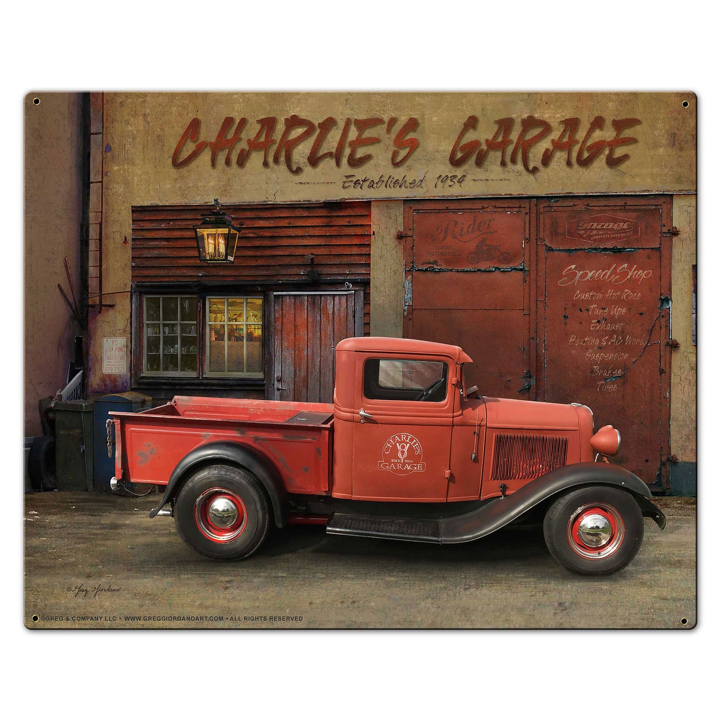 Charlie's Garage Metal Sign 30in X24in