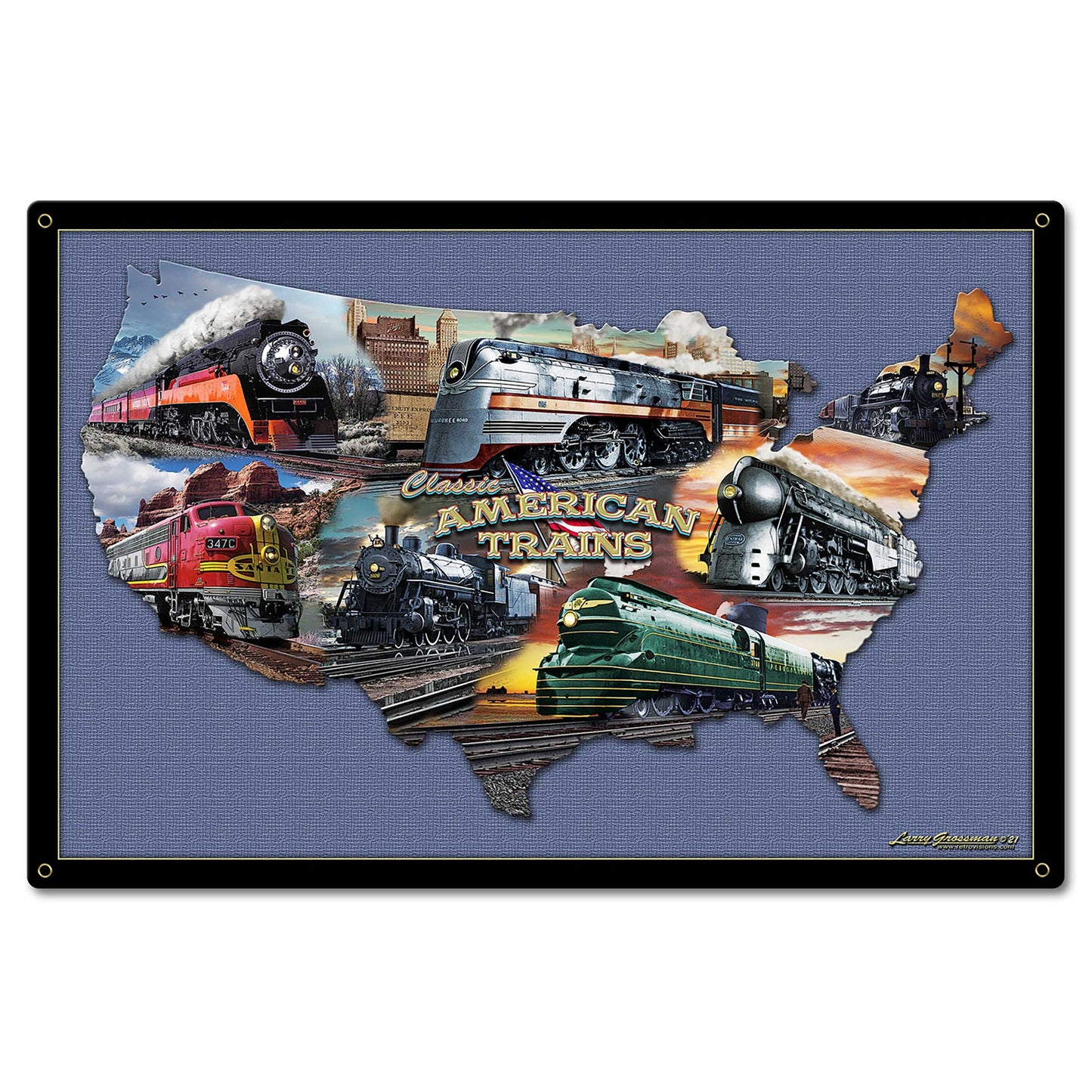 CLASSIC AMERICAN TRAINS COLLAGE MAP 24 x 16 Satin