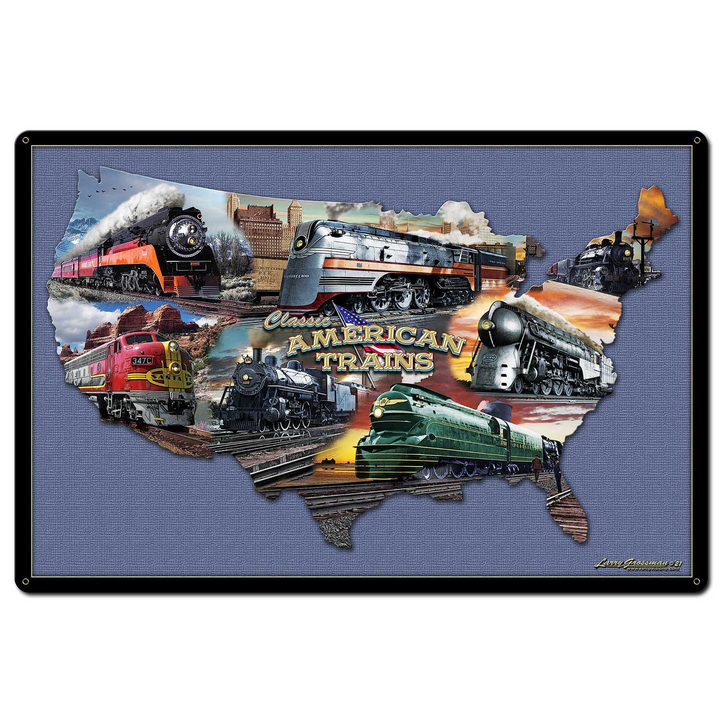 CLASSIC AMERICAN TRAINS COLLAGE MAP 36 x 24 Satin