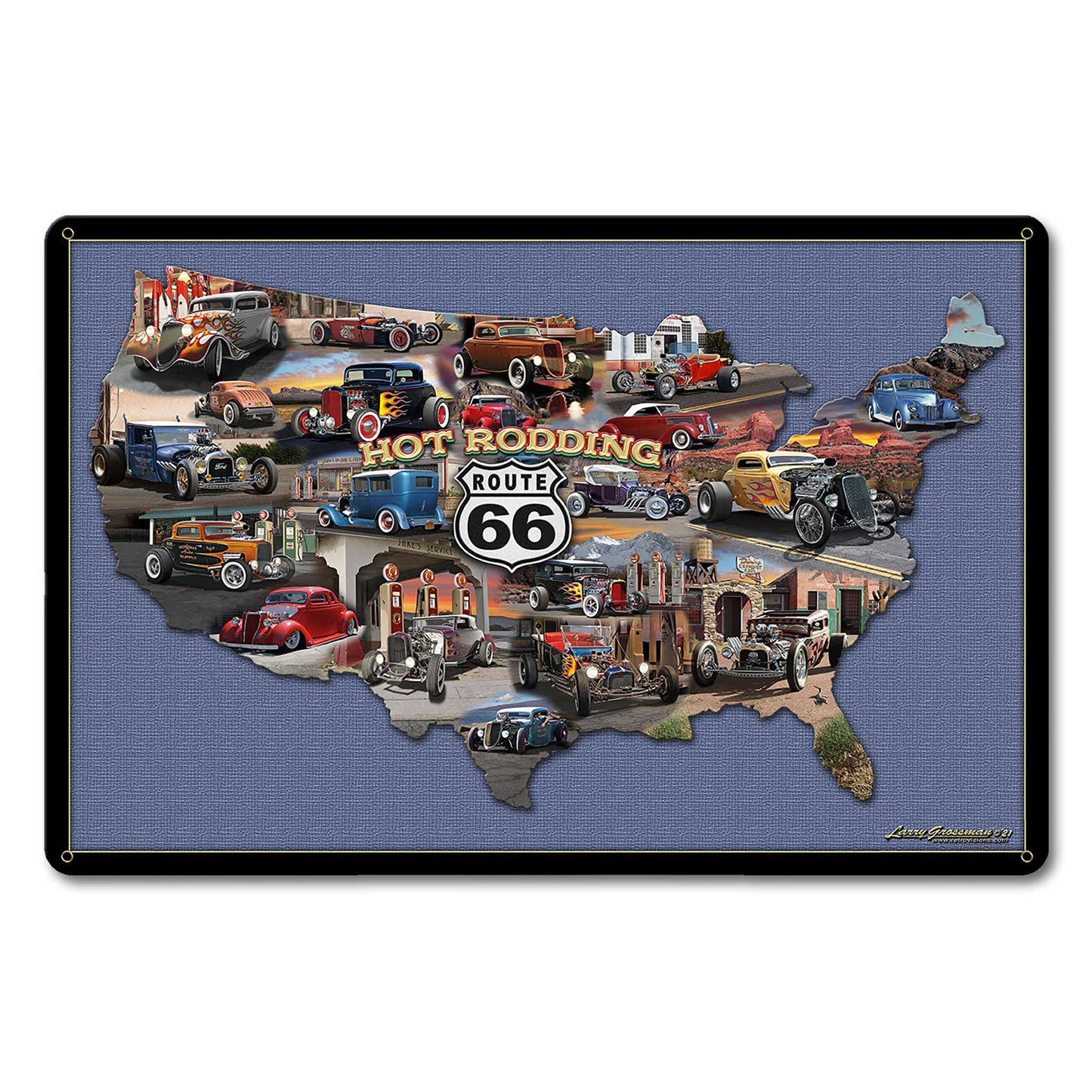 HOT RODDING ROUTE 66 MAP 18 x 12 Satin