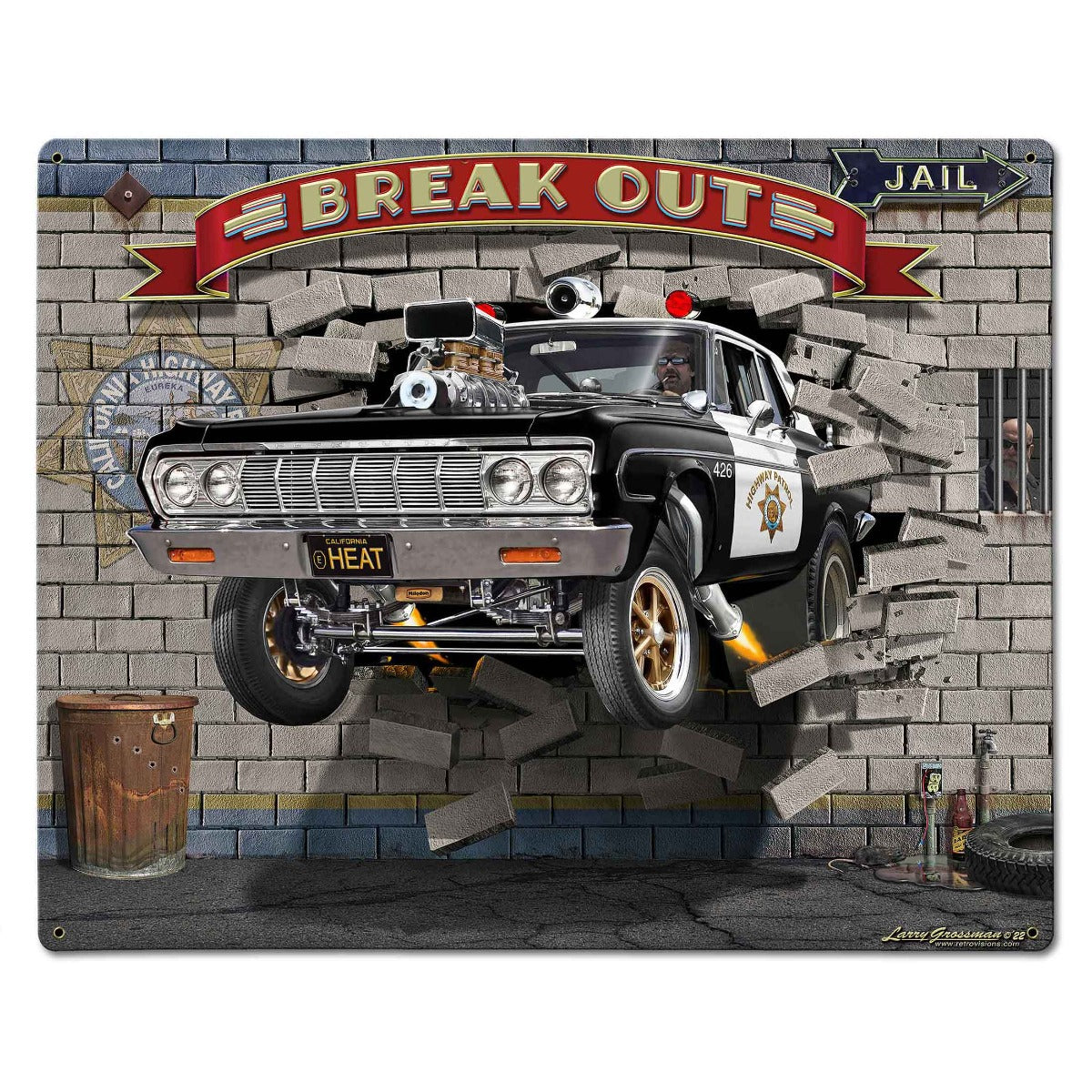 Break Out Cop Car 30 X 24 vintage metal sign