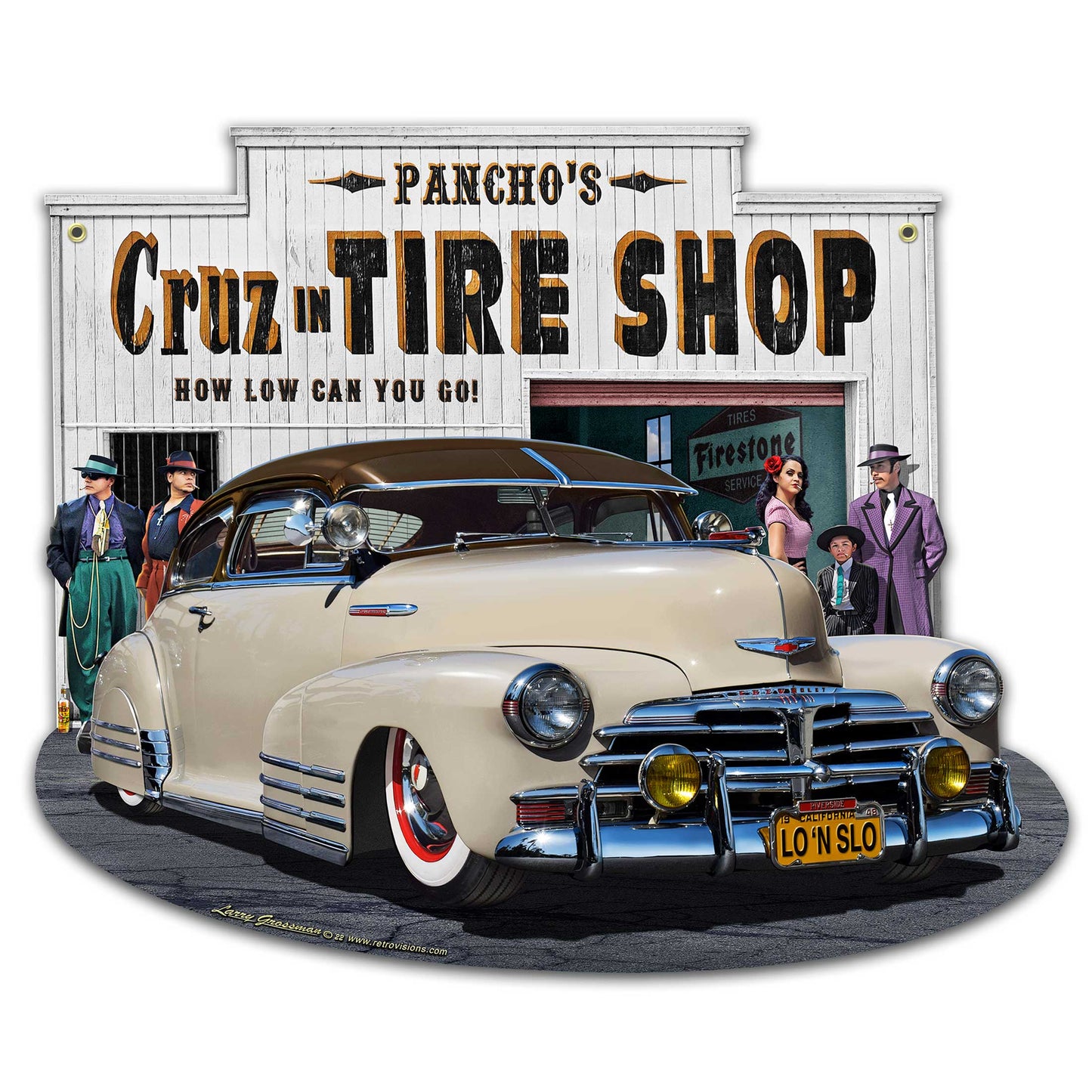 1948 Chevy Lowrider Tire Shop 18 X 15 vintage metal sign