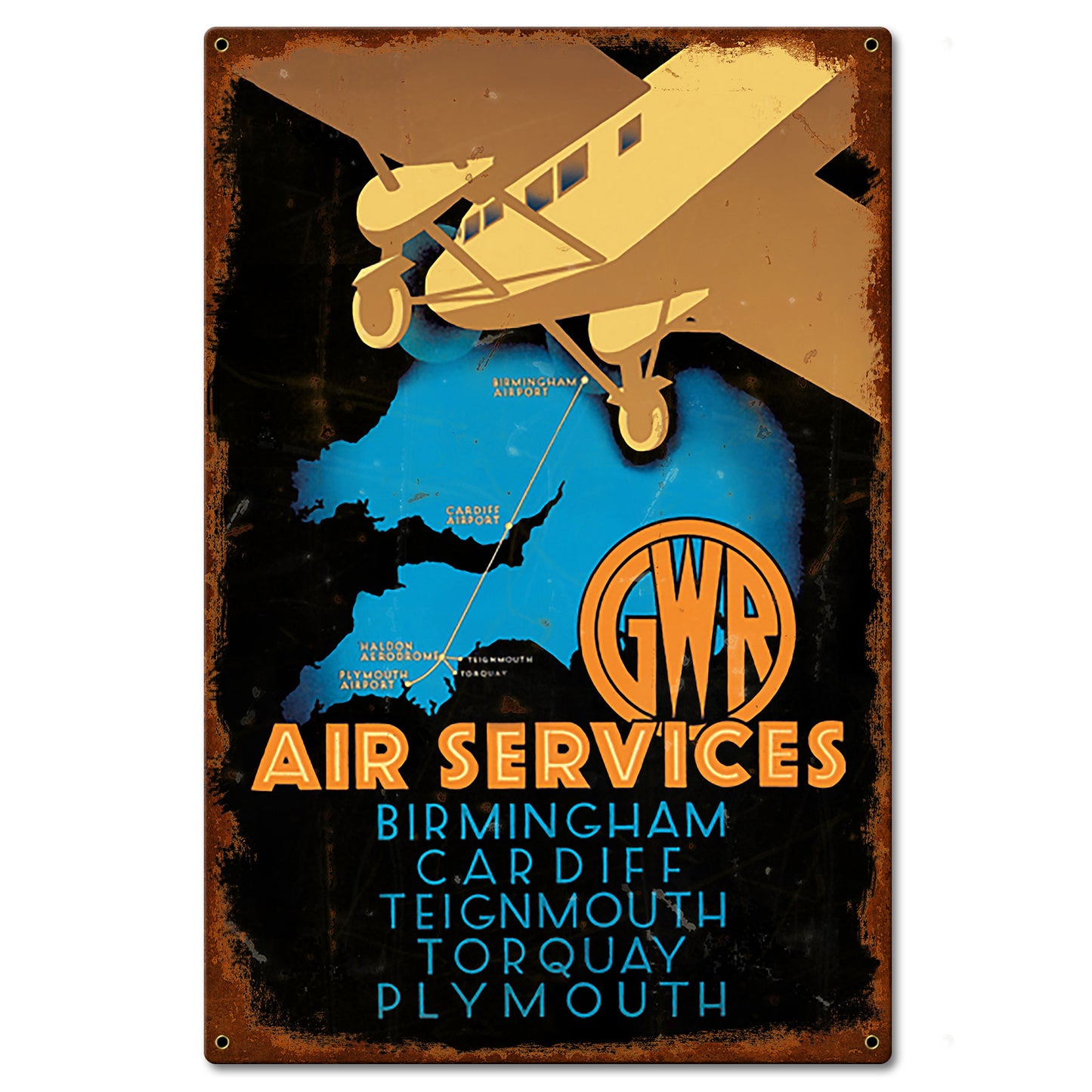 1930's Air Services Ad England Vintage Metal Sign 16in X 24in