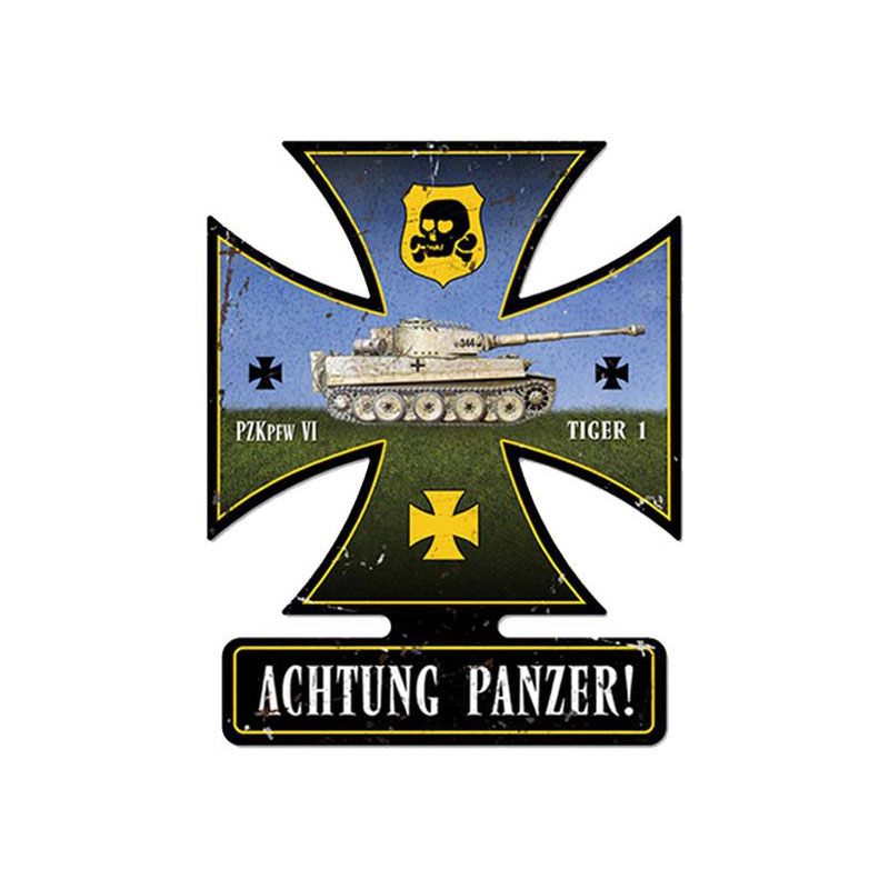 Achtung Panzer, Axis Military, Iron Cross Metal Sign, 19 X 15 Inches