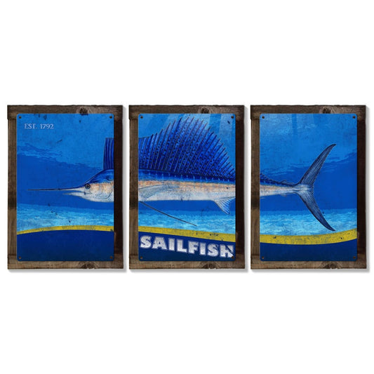 Sailfish Wall Art, Metal Triptych, Optional Rustic Wood Frame, Sport Fishing, Wall Art, Ocean, Nautical, Contemporary Art