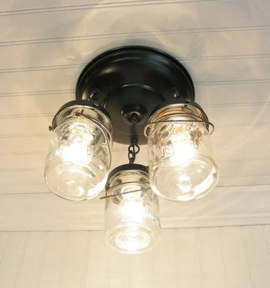 Mason Jar LIGHT FIXTURE Vintage PINT Chain Trio